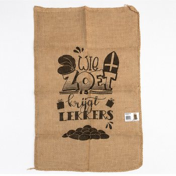 ВЕЛИКИЙ ДЖУТОВИЙ МІШОК СІНТЕРКЛААСА - З НАПИСОМ: WIE ZOET IS KRIJGT LEKKERS - Бл. 60 x 100 см (1 шт.)