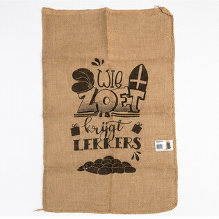 ВЕЛИКИЙ ДЖУТОВИЙ МІШОК СІНТЕРКЛААСА - З НАПИСОМ: WIE ZOET IS KRIJGT LEKKERS - Бл. 60 x 100 см (1 шт.)
